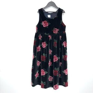 Vintage Garnet Hill Black Velvet Velour Pink & Red Rose Print Sleeveless Dress